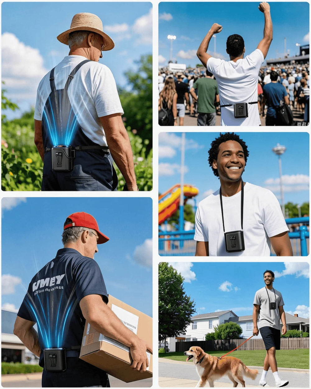 A collage showing a wearable air cooling fan worn by different people in outdoor settings.