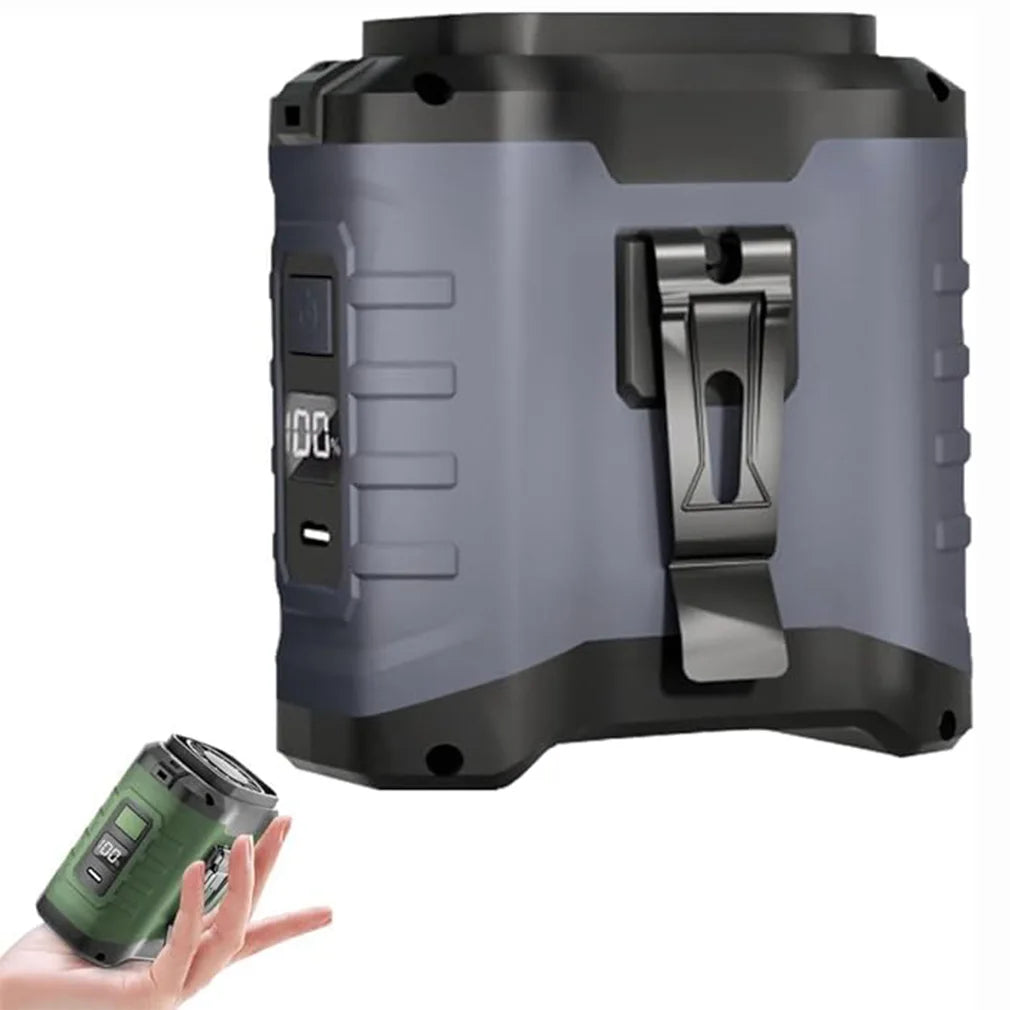 Portable air cooling device clips onto belt or hands from your neck.