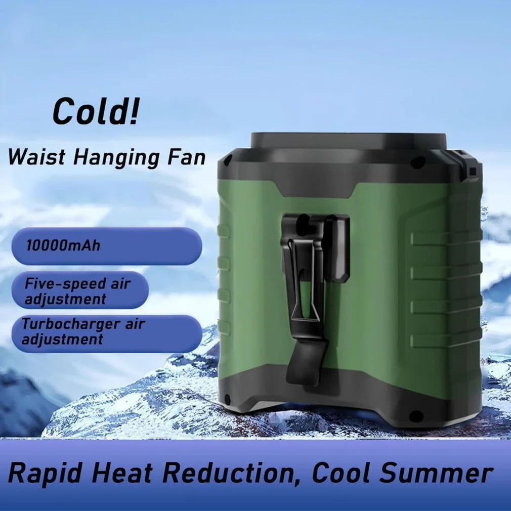 Air cooling fan personal air con hands around neck or clips onto belt.
