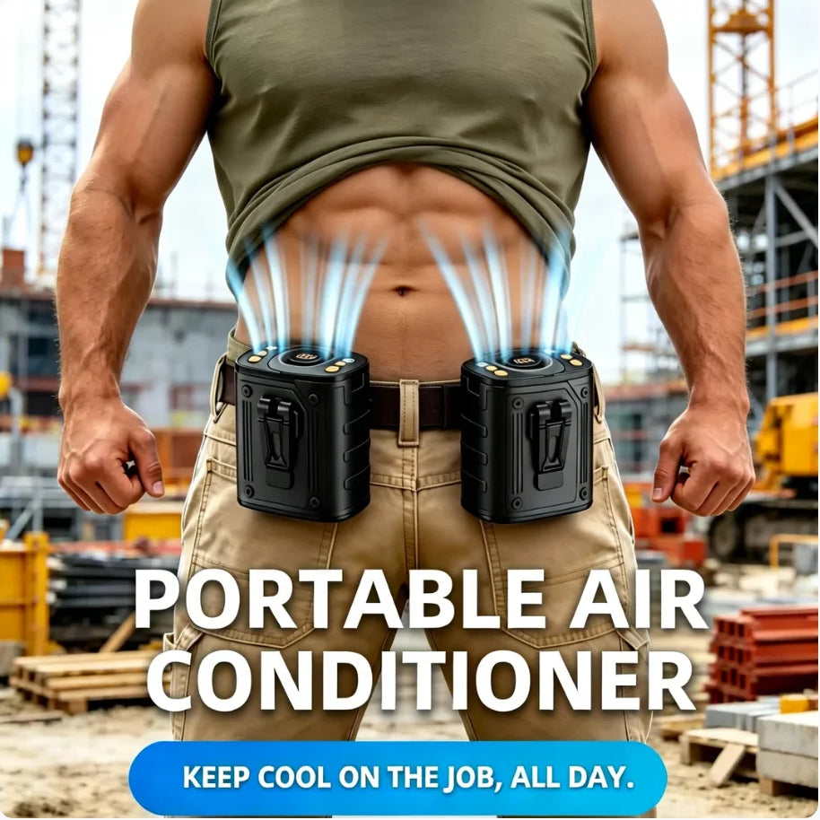 A tradie wearing two black portable air cooling fans clipped to his waist. Text reads 'PORTABLE AIR CONDITIONER' and a blue banner says 'KEEP COOL ON THE JOB, ALL DAY.