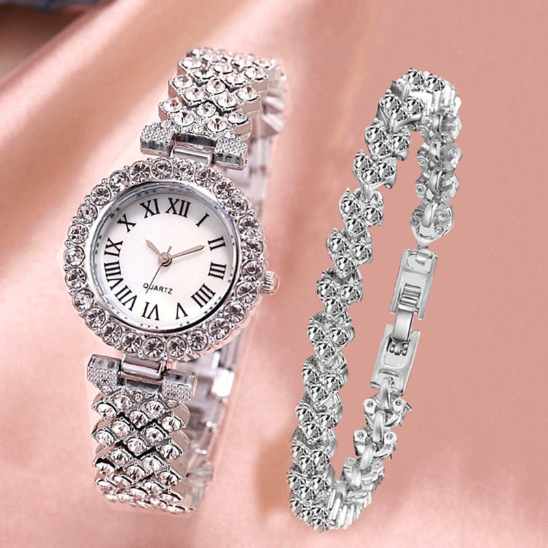 Watch and Bracelet Matching Set Diamond Encrusted Roman Numerals