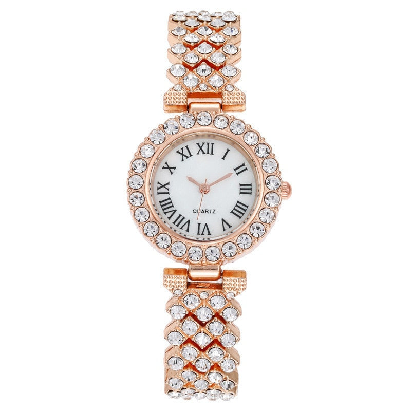 Watch and Bracelet Matching Set Diamond Encrusted Roman Numerals