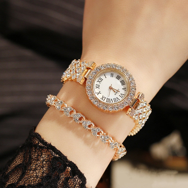 Watch and Bracelet Matching Set Diamond Encrusted Roman Numerals