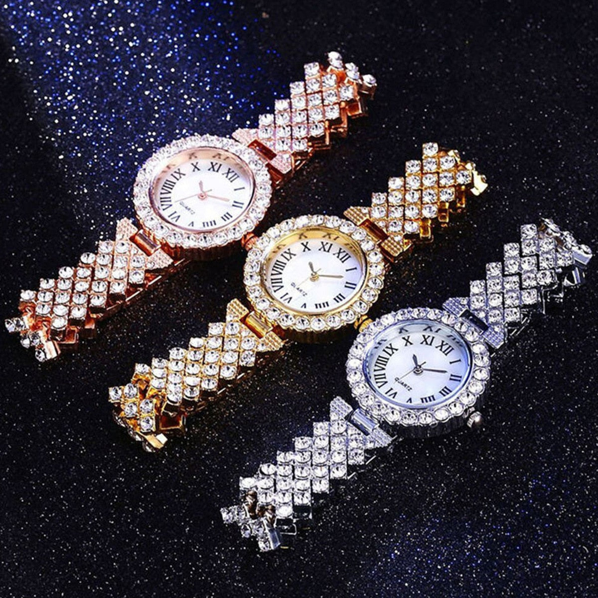 Watch and Bracelet Matching Set Diamond Encrusted Roman Numerals