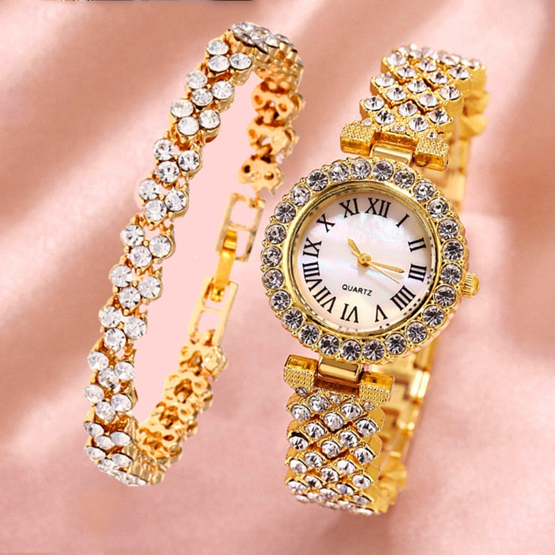 Watch and Bracelet Matching Set Diamond Encrusted Roman Numerals