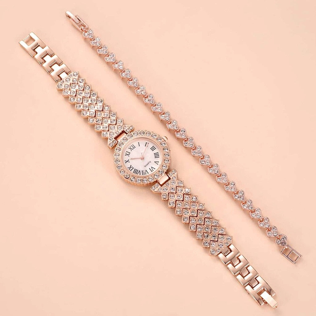 Watch Bracelet Matching Set Classic Diamond-Encrusted With Steel Band