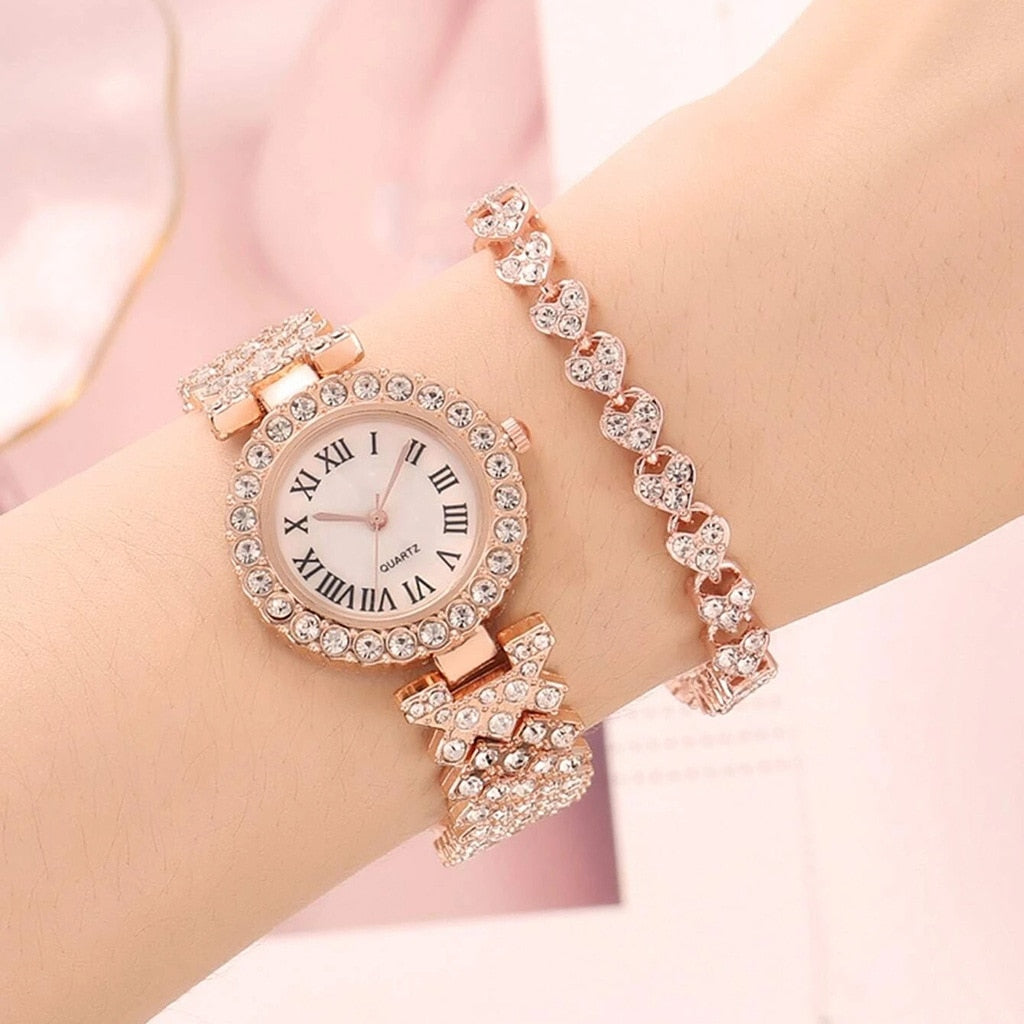 Watch Bracelet Matching Set Classic Diamond-Encrusted With Steel Band
