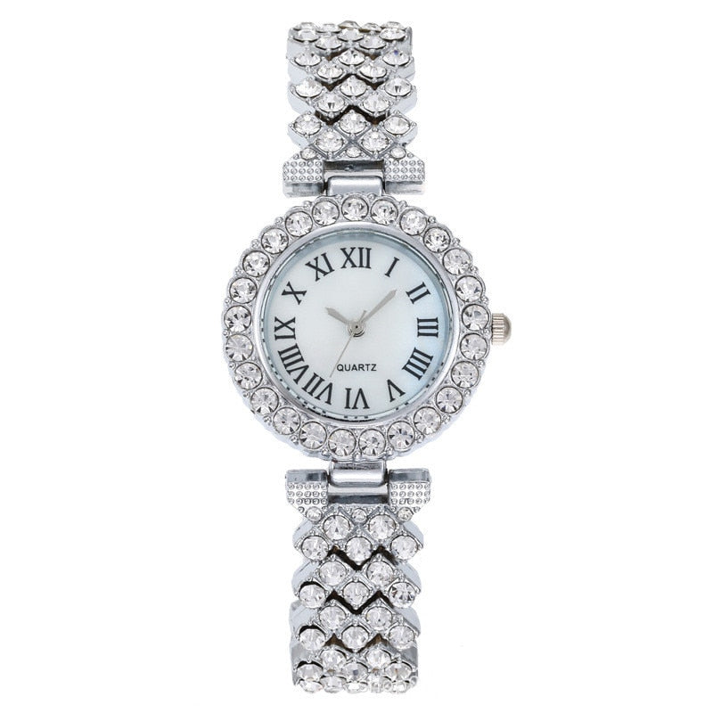Watch Bracelet Matching Set Classic Diamond-Encrusted With Steel Band