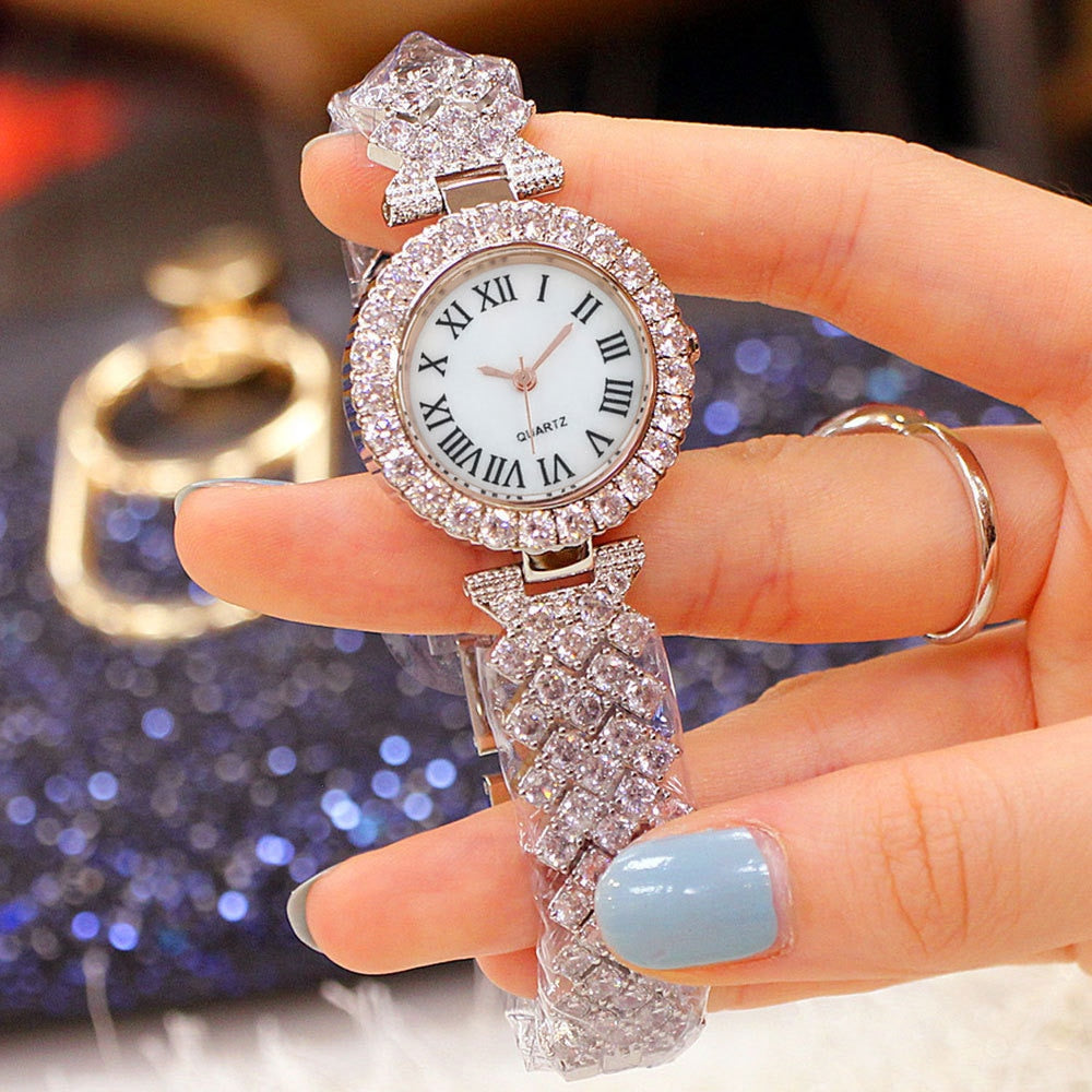 Watch Bracelet Matching Set Classic Diamond-Encrusted With Steel Band