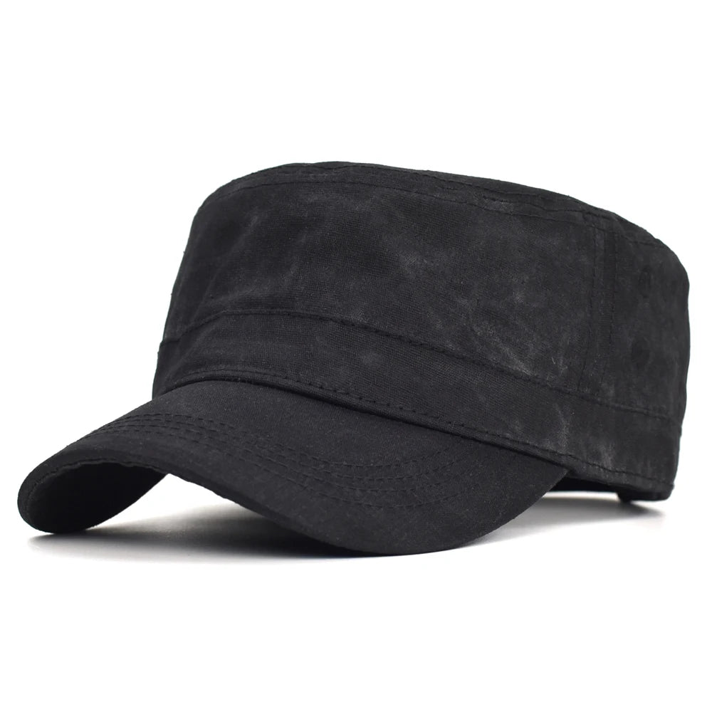 Waxed Canvas Cotton Military Caps Men Waterproof Cadet Army Vintage Flat Top Hat