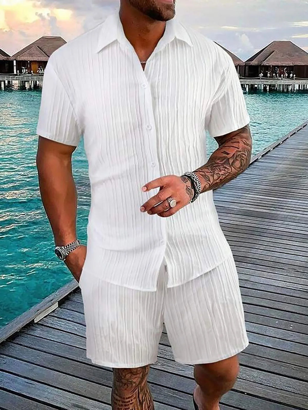 Men Casual Short Sleeve Shirt & Shorts 2pcs Combo Set Summer