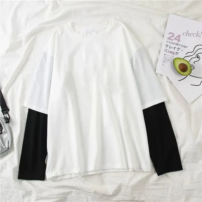 Double Layer Striped Long Sleeve Baggy T-shirt
