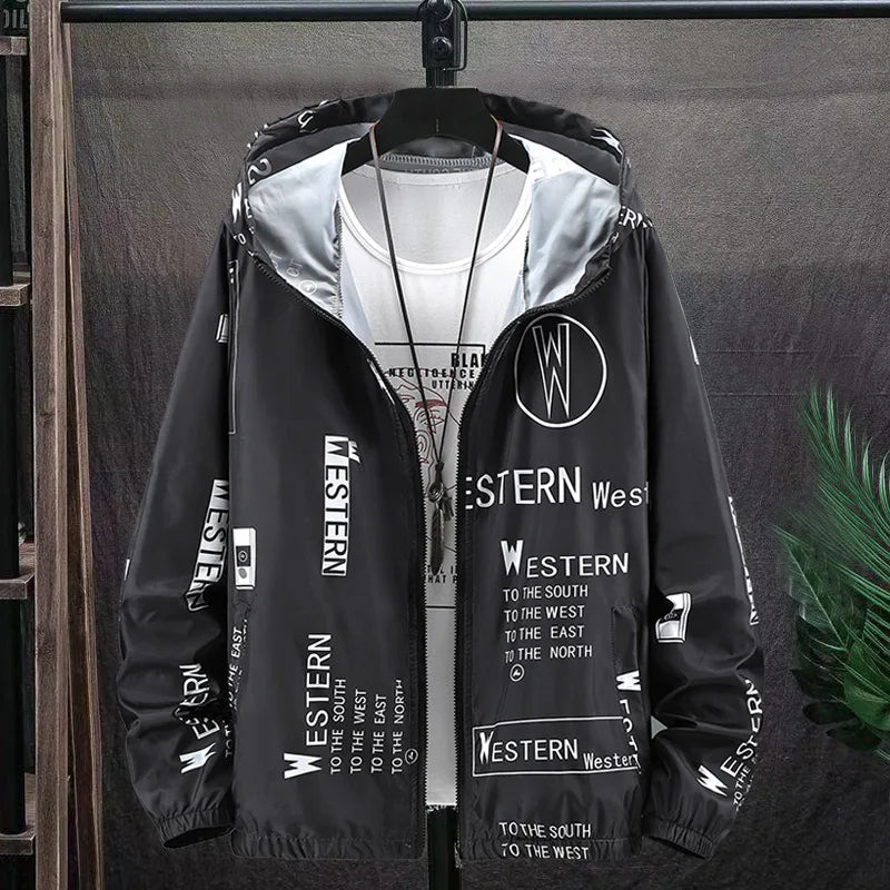Windbreaker Lightweight Hooded Jacket With Print Lettering