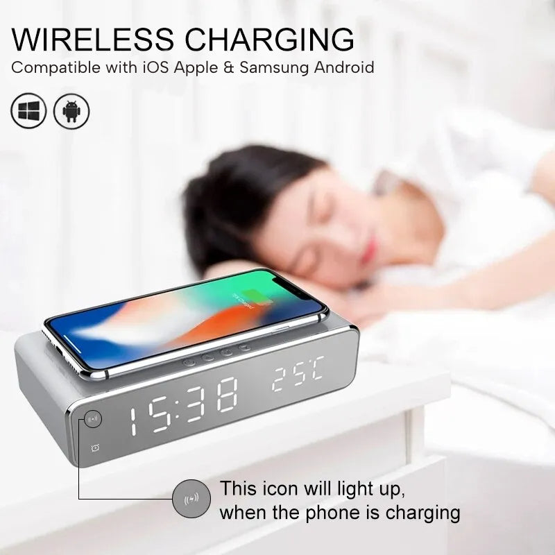 Wireless Phone Fast Charging Bedside Station Dock and Alarm Clock