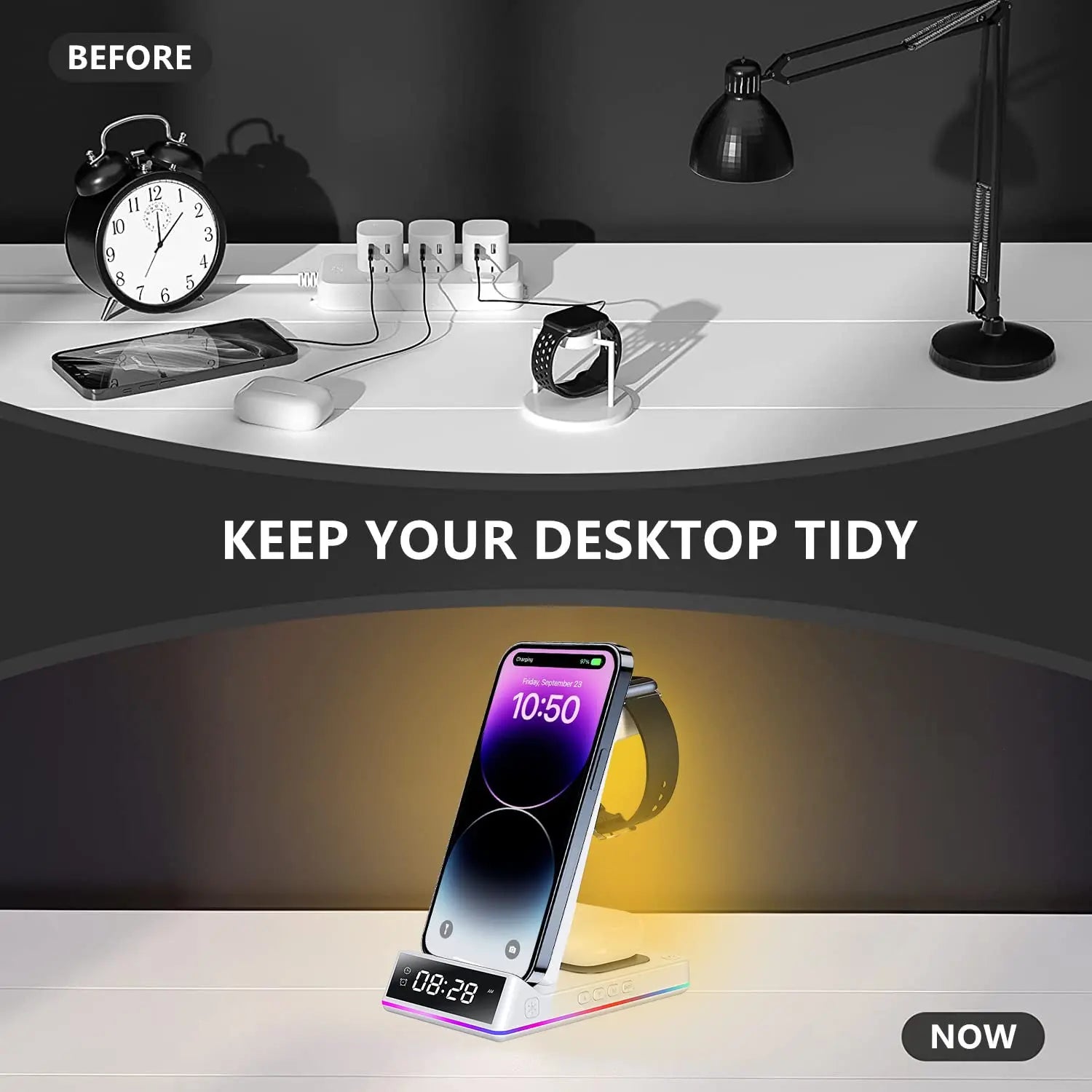 Wireless Charger Phone Stand Watch Earbuds Alarm Clock Night Light 15W Charging Dock iPhone Samsung