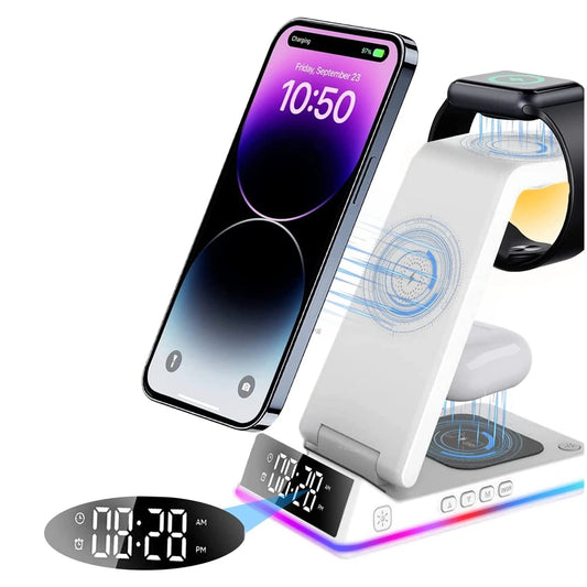 Wireless Charger Phone Stand Watch Earbuds Alarm Clock Night Light 15W Charging Dock iPhone Samsung
