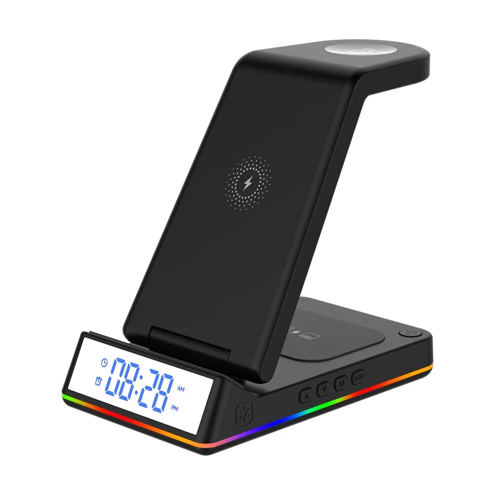 Wireless Charger Phone Stand Watch Earbuds Alarm Clock Night Light 15W Charging Dock iPhone Samsung
