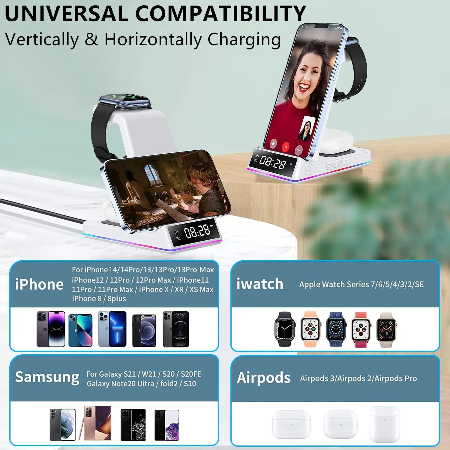 Wireless Charger Phone Stand Watch Earbuds Alarm Clock Night Light 15W Charging Dock iPhone Samsung