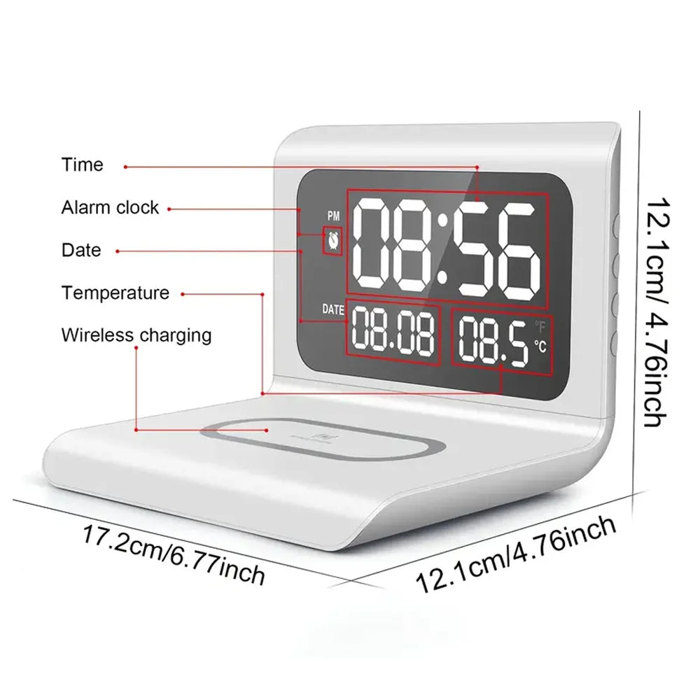 Digital clock with wireless charging pad and measurements on a white background