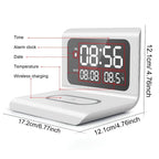 Digital clock with wireless charging pad and measurements on a white background