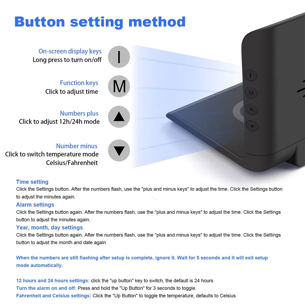 Instructional graphic titled 'Button setting method' showing how to use the on-screen display keys, function keys, plus/minus numbers keys, and temperature buttons on a laptop, with a close-up of the laptop's power and settings buttons and a paragraph of settings instructions below.
