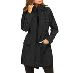 Black hooded jacket worn by a model on a white background