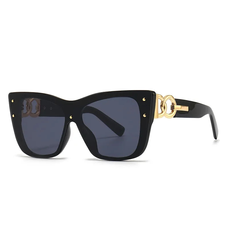 Oversized Cat Eye Sunglasses with Gold Chain Detail - Gradient Lens Luxury