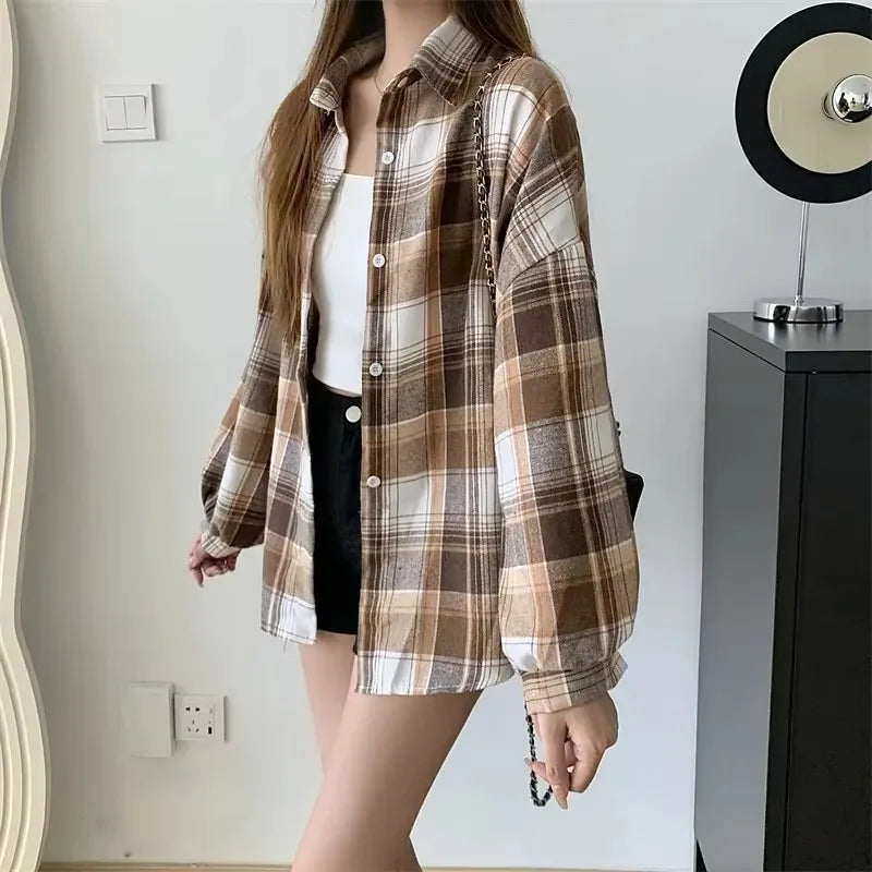 Women's Plaid Flannel Vintage Shirt Preppy Baggy Loose Chequered
