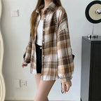 Women's Plaid Flannel Vintage Shirt Preppy Baggy Loose Chequered