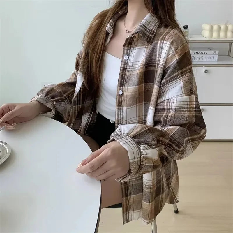 Women's Plaid Flannel Vintage Shirt Preppy Baggy Loose Chequered