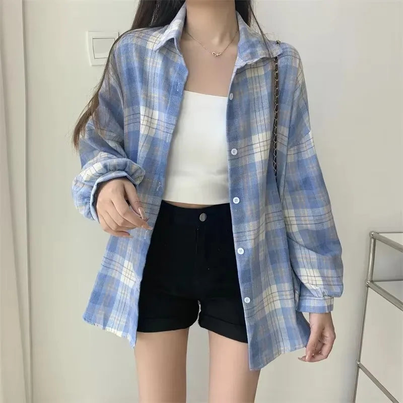 Women's Plaid Flannel Vintage Shirt Preppy Baggy Loose Chequered