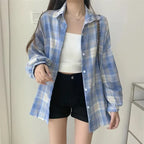 Women's Plaid Flannel Vintage Shirt Preppy Baggy Loose Chequered