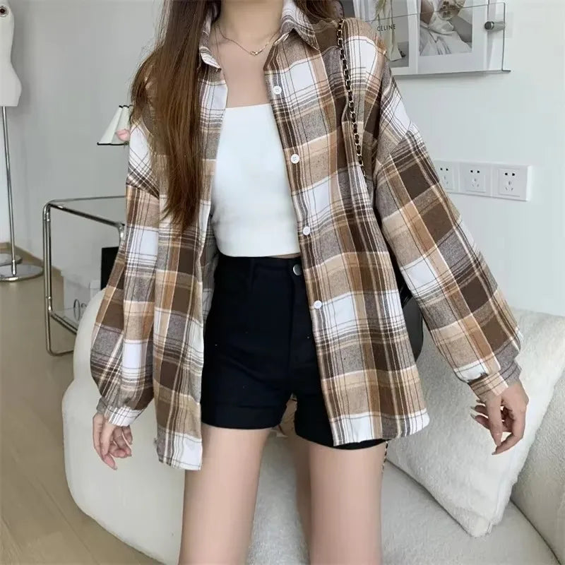 Women's Plaid Flannel Vintage Shirt Preppy Baggy Loose Chequered
