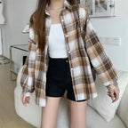 Women's Plaid Flannel Vintage Shirt Preppy Baggy Loose Chequered