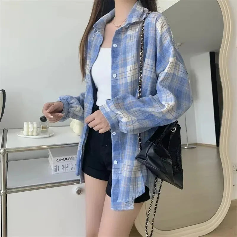 Women's Plaid Flannel Vintage Shirt Preppy Baggy Loose Chequered