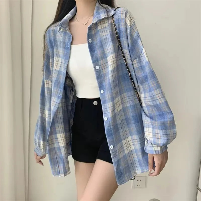 Women's Plaid Flannel Vintage Shirt Preppy Baggy Loose Chequered