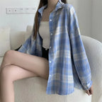 Women's Plaid Flannel Vintage Shirt Preppy Baggy Loose Chequered