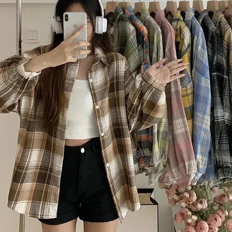 Women's Plaid Flannel Vintage Shirt Preppy Baggy Loose Chequered