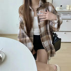 Women's Plaid Flannel Vintage Shirt Preppy Baggy Loose Chequered