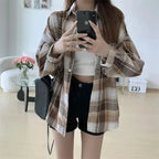 Women's Plaid Flannel Vintage Shirt Preppy Baggy Loose Chequered