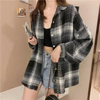Women's Plaid Flannel Vintage Shirt Preppy Baggy Loose Chequered