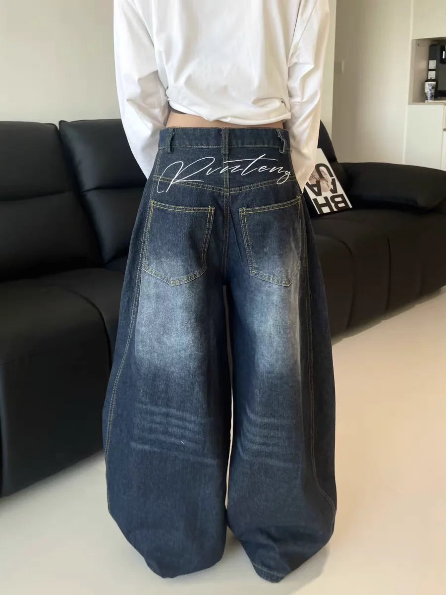 Women's Y2K Baggy Loose Oversized Jeans Washed Denim High Street Vintage Wide Leg Style