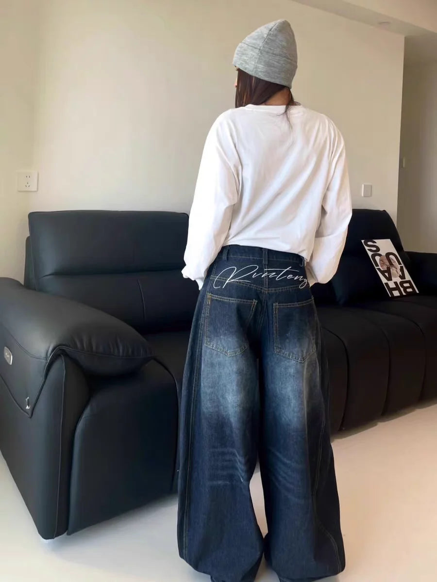 Women's Y2K Baggy Loose Oversized Jeans Washed Denim High Street Vintage Wide Leg Style