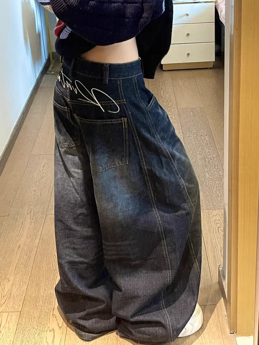Women's Y2K Baggy Loose Oversized Jeans Washed Denim High Street Vintage Wide Leg Style