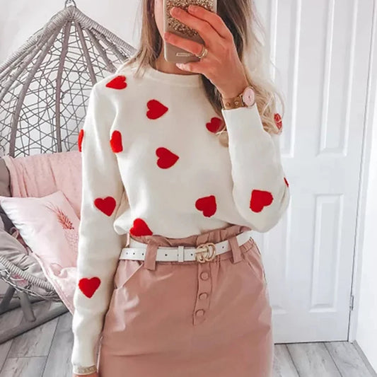 Love Hearts Knitted Sweater Women's Embroidery Pullover Winter Jumper