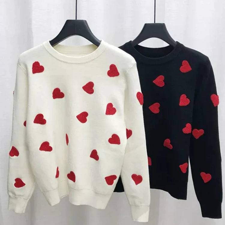 Love Hearts Pullover Sweater Women's Knitted Embroidery Winter Jumper