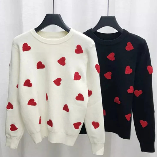 Love Hearts Knitted Sweater Women's Embroidery Pullover Winter Jumper