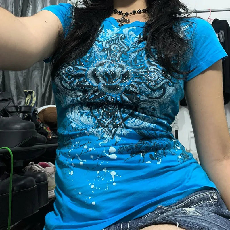 Women's Grunge T-Shirt Vintage Heart Rose Print Top