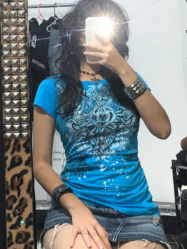 Women's Grunge T-Shirt Vintage Heart Rose Print Top