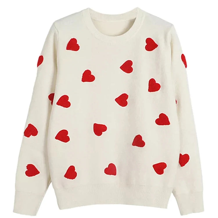 Love Hearts Pullover Sweater Women's Knitted Embroidery Winter Jumper